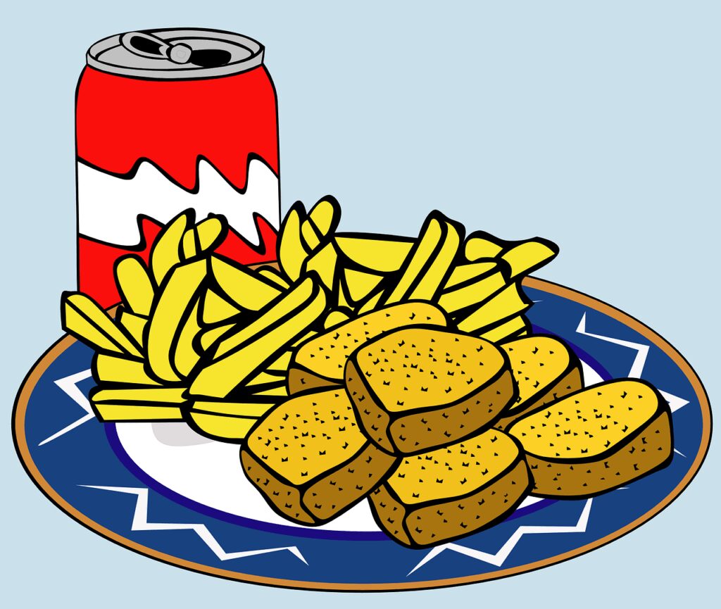 meal, lunch, chicken, nuggets, patties, fries, french fries, cola, soda, fast food, can, plate, chips, unhealthy, color, eating, blue food, blue chicken, blue eating